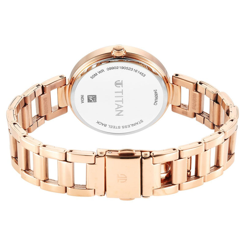 Titan Workwear Quartz Analog Beige Dial Rose Gold Stainless Steel Strap Watch for Women