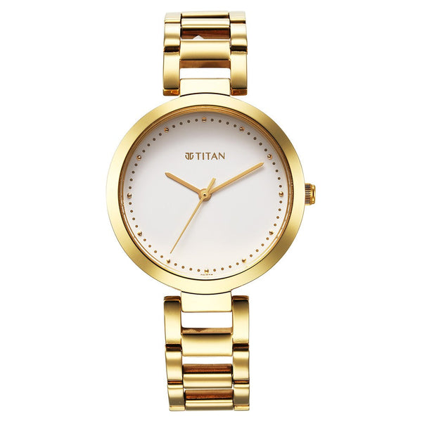 Titan Workwear Quartz Analog White Dial Golden Stainless Steel Strap Watch for Women