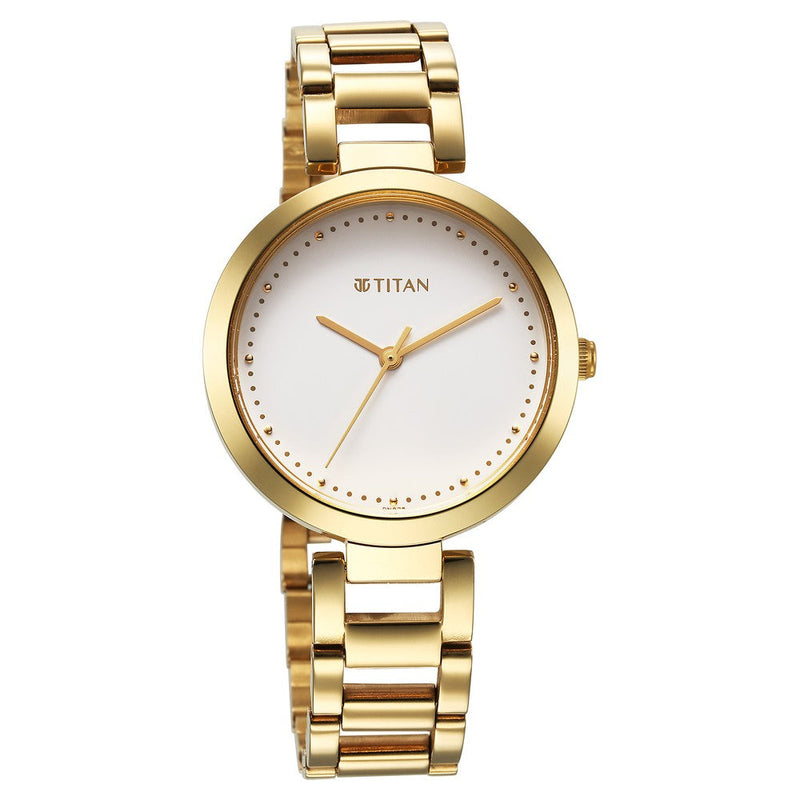 Titan Workwear Quartz Analog White Dial Golden Stainless Steel Strap Watch for Women