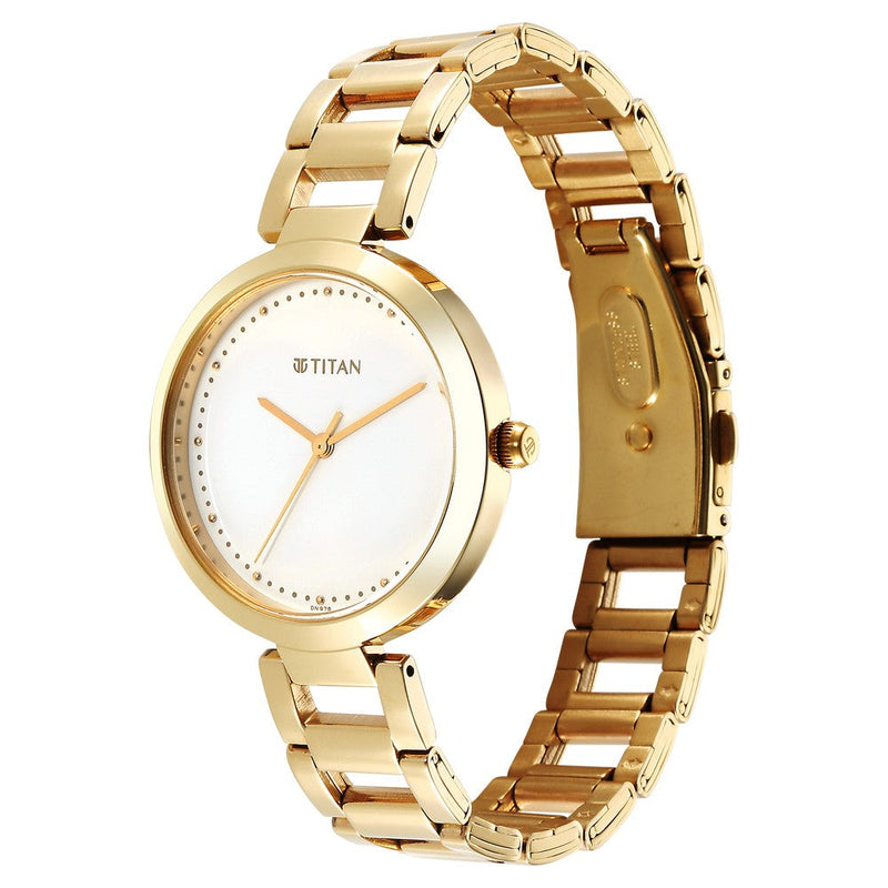 Titan Workwear Quartz Analog White Dial Golden Stainless Steel Strap Watch for Women