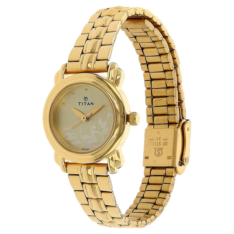 Titan Quartz Analog Champagne Dial Stainless Steel Strap Watch for Women