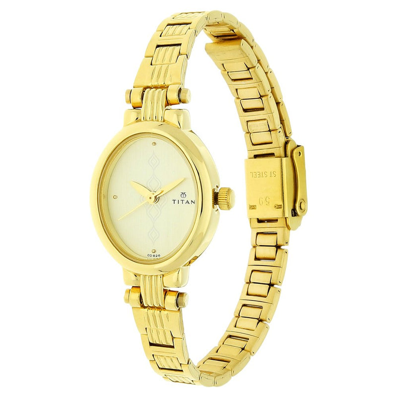 Titan Quartz Analog Champagne Dial Stainless Steel Strap Watch for Women