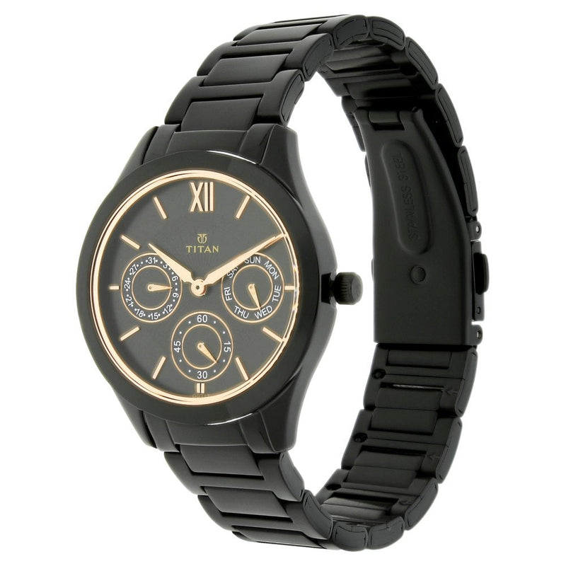 Titan Quartz Analog with Day and Date Black Dial Stainless Steel Strap Watch for Women