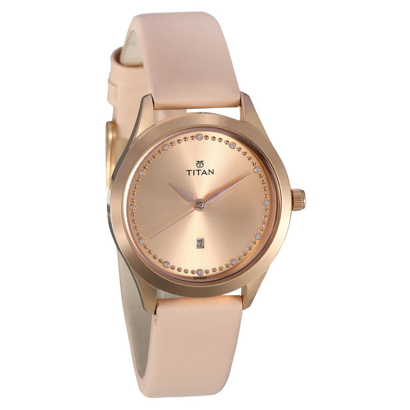 Titan Sparkle Pink Dial Analog Leather Strap watch for Women