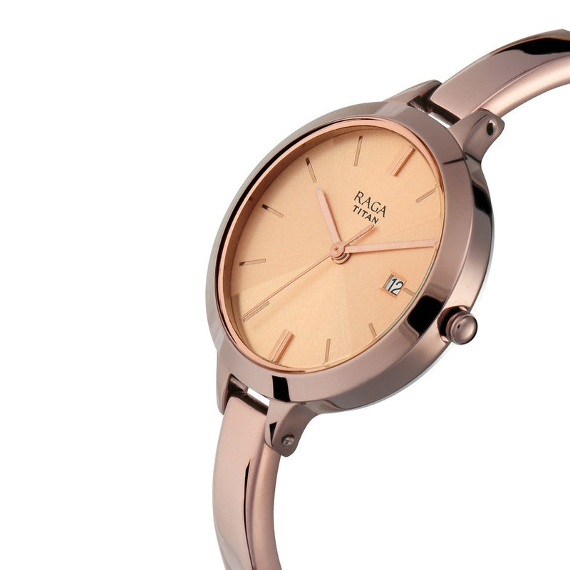 Titan Quartz Analog with Date Rose Gold Dial Metal Strap Watch for Women