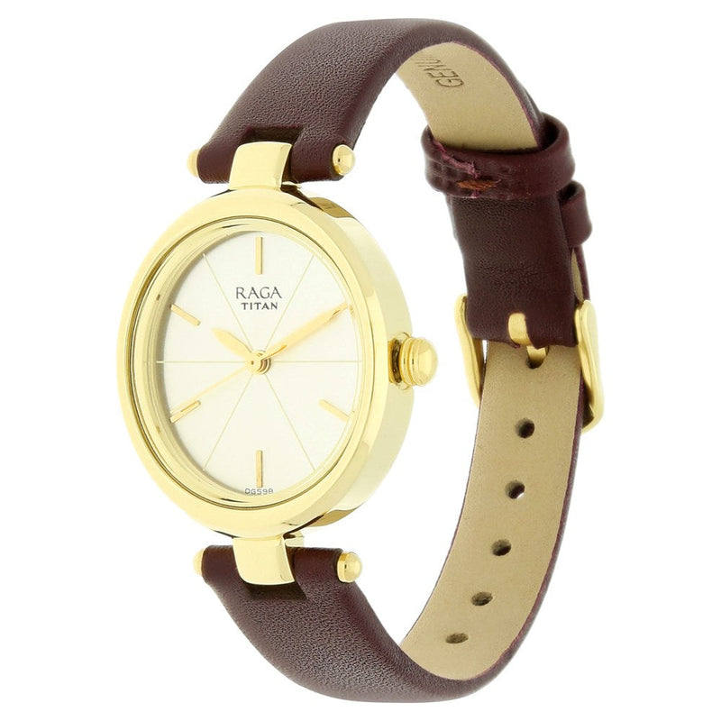 Titan Raga Viva Champagne Dial Analog Leather Strap Watch for Women