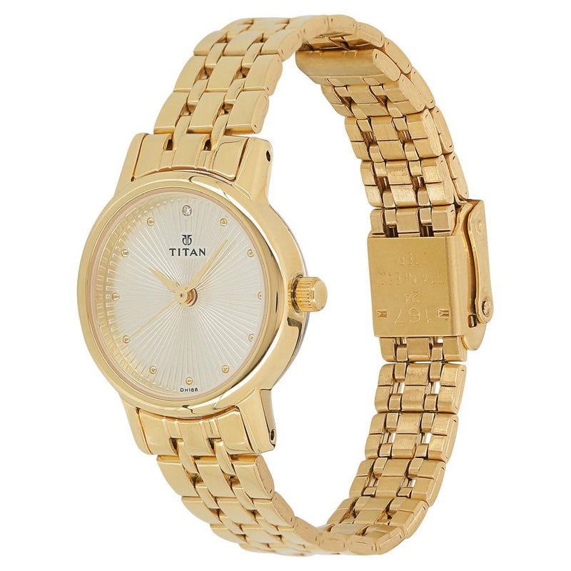 Titan Quartz Analog Champagne Dial Stainless Steel Strap Watch for Women