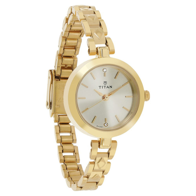 Titan Quartz Analog Champagne Dial Stainless Steel Strap Watch for Women