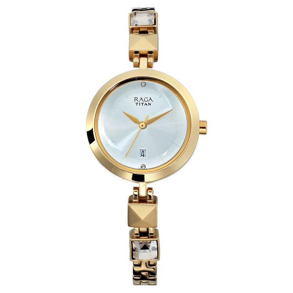 Titan Raga Viva Silver Dial Analog with Date Golden Metal Strap watch for Women