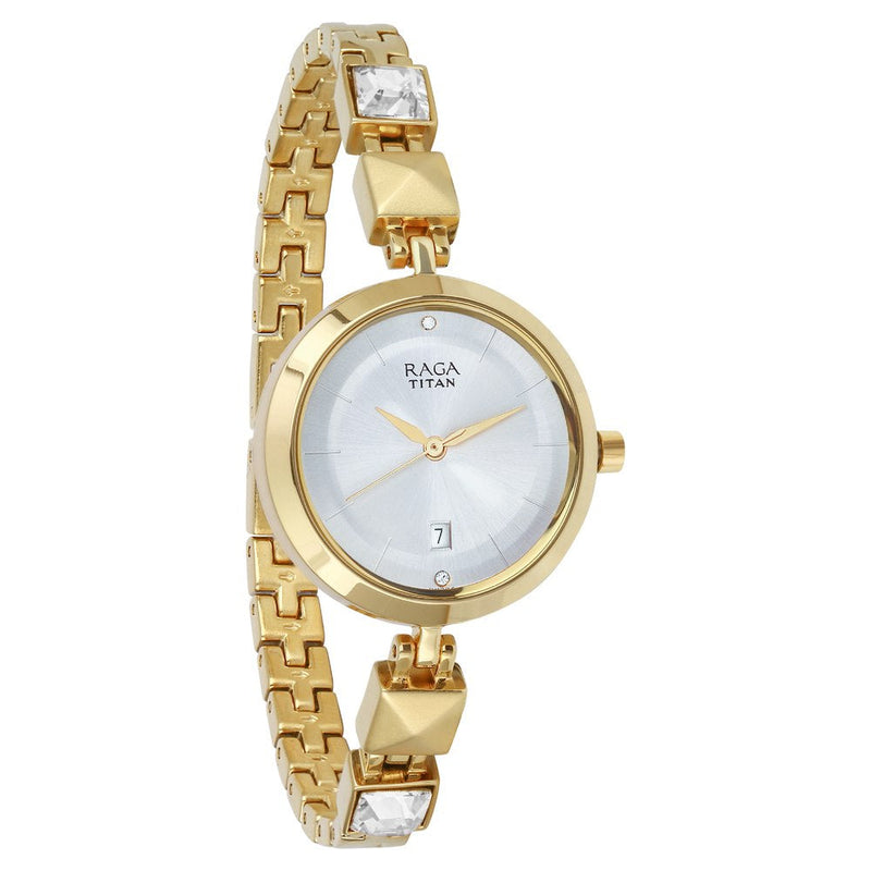 Titan Raga Viva Silver Dial Analog with Date Golden Metal Strap watch for Women