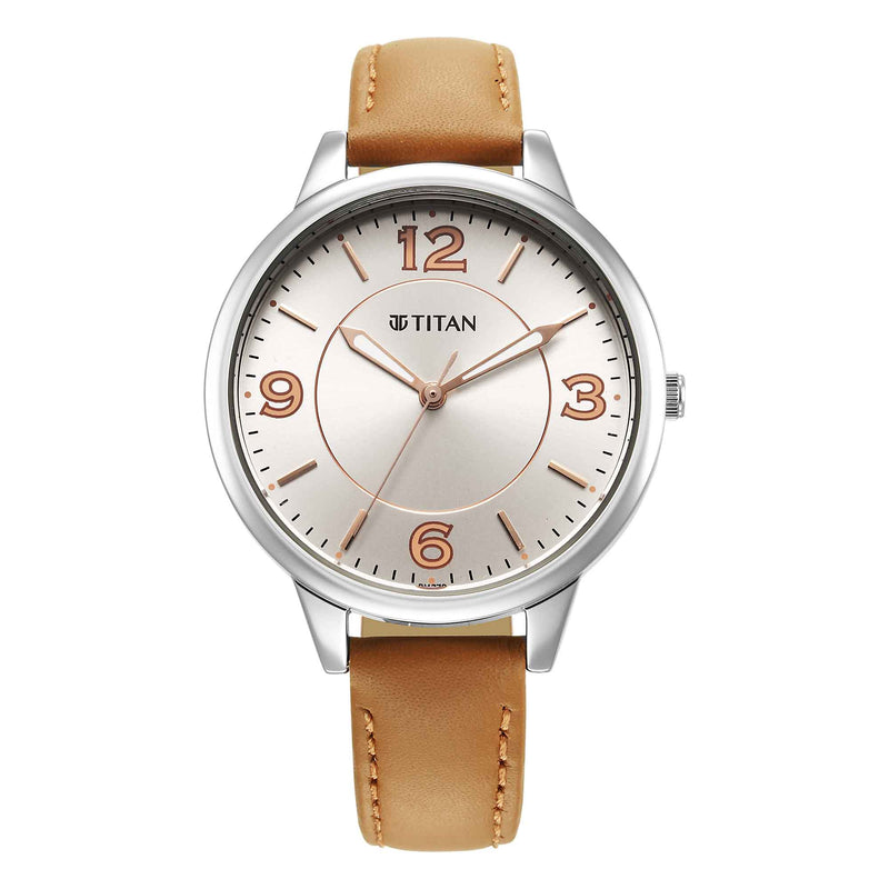 Titan Urban Silver White Dial Analog Leather Strap watch for Women