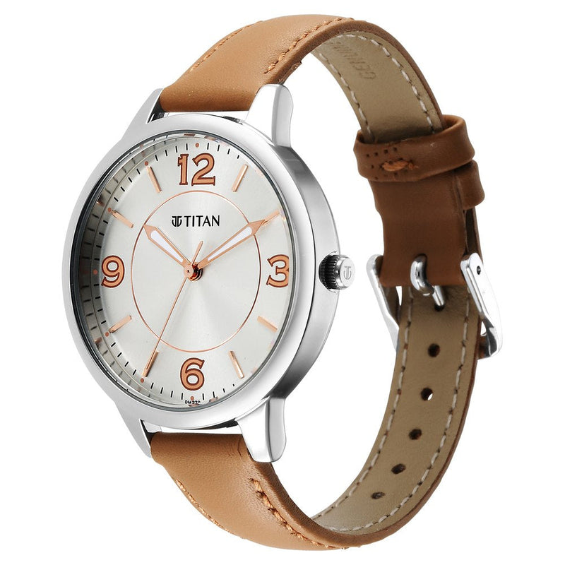 Titan Urban Silver White Dial Analog Leather Strap watch for Women