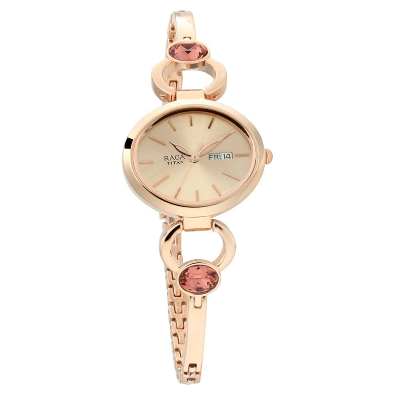 Titan Raga Viva Rose Gold Dial Analog Day and Date Metal Strap Watch for Women