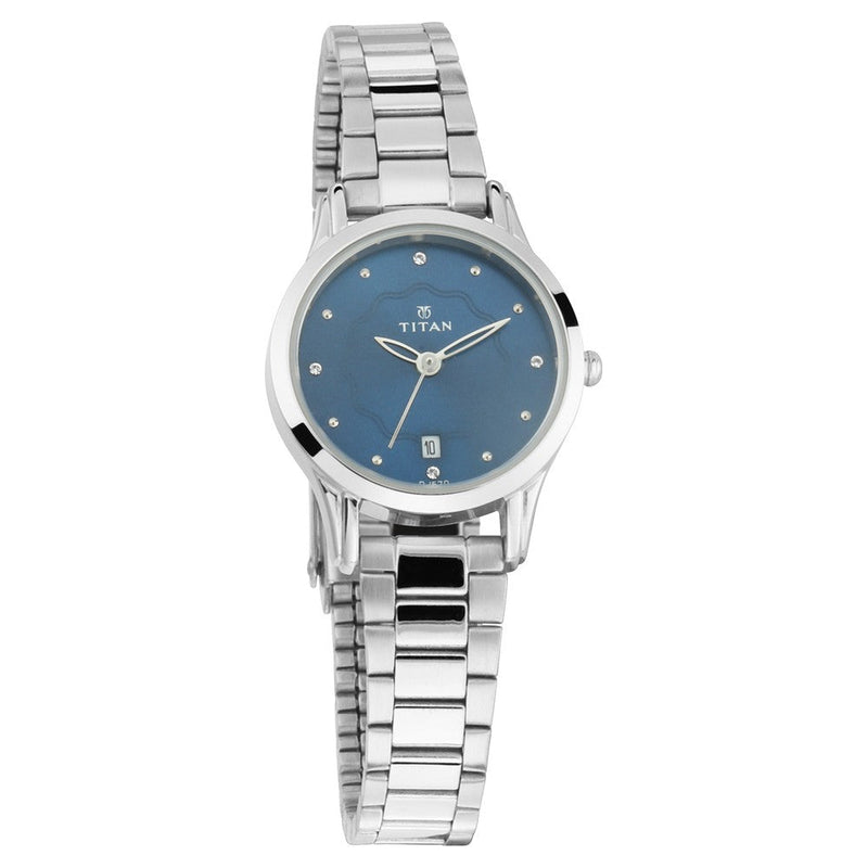 Titan Quartz Analog with Date Blue Dial Metal Strap Watch for Women