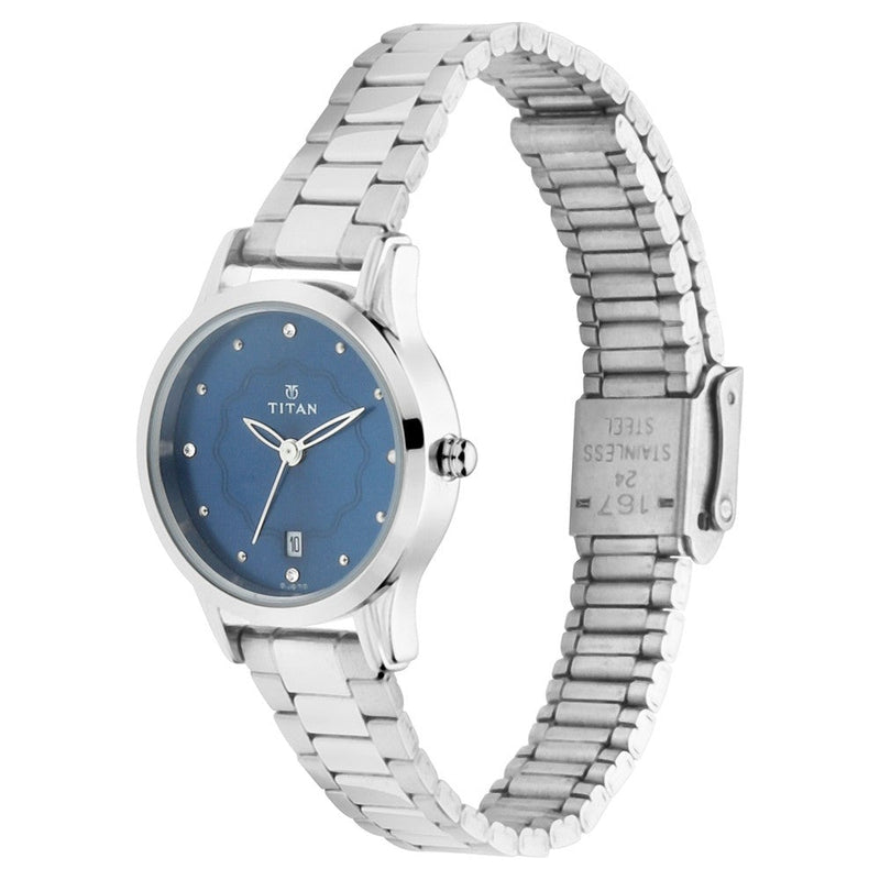 Titan Quartz Analog with Date Blue Dial Metal Strap Watch for Women