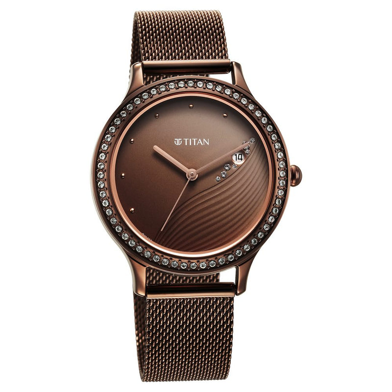 Titan Purple Glam It Up Brown Dial Analog with Date Stainless Steel Strap Watch for Women