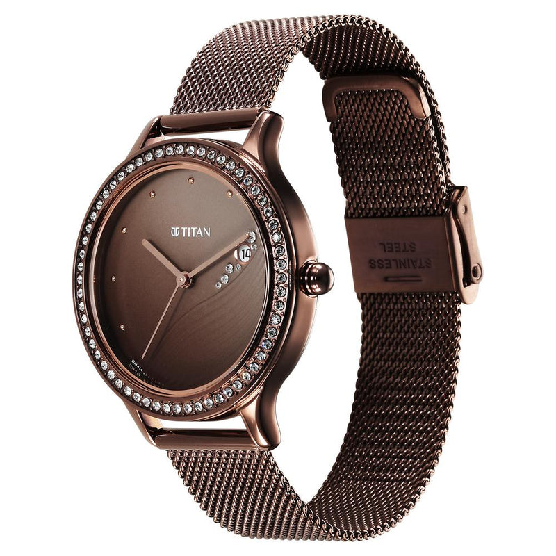 Titan Purple Glam It Up Brown Dial Analog with Date Stainless Steel Strap Watch for Women