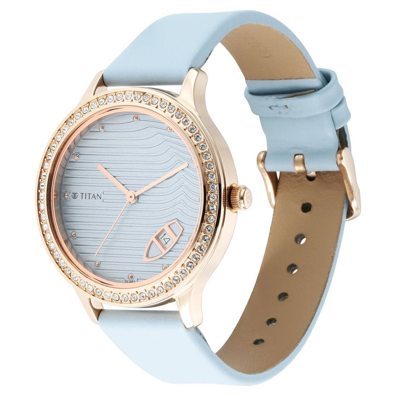 Titan Wander Blue Dial Women Watch With Leather Strap