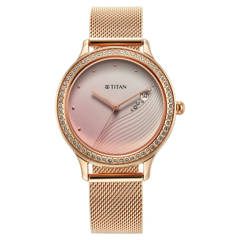 Titan Purple Glam It Up Pink Dial Analog with Date Stainless Steel Strap Watch for Women