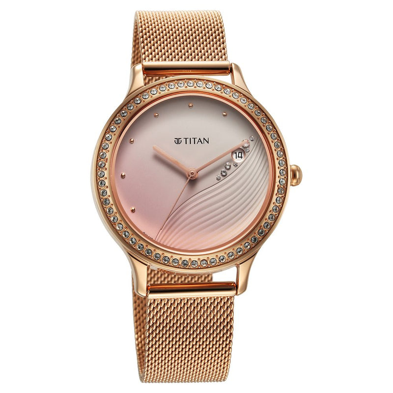 Titan Purple Glam It Up Pink Dial Analog with Date Stainless Steel Strap Watch for Women