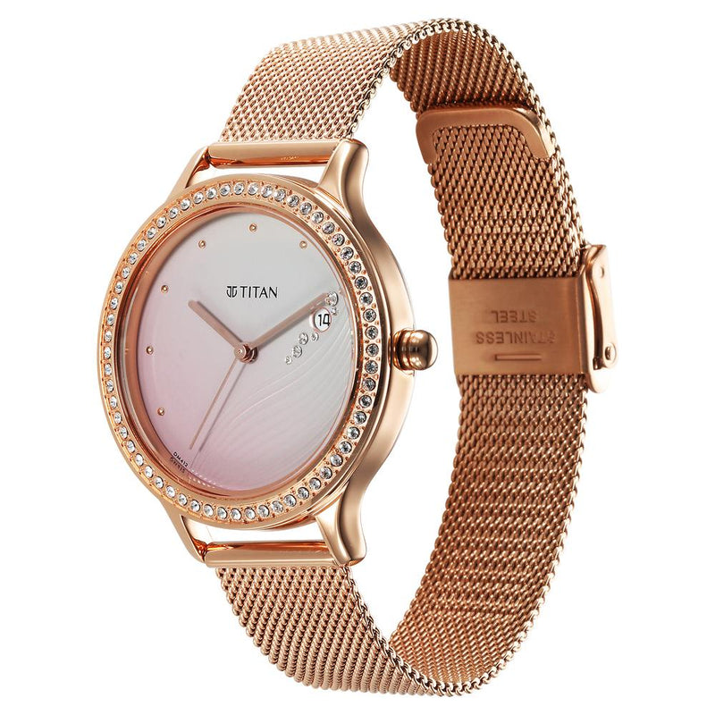 Titan Purple Glam It Up Pink Dial Analog with Date Stainless Steel Strap Watch for Women