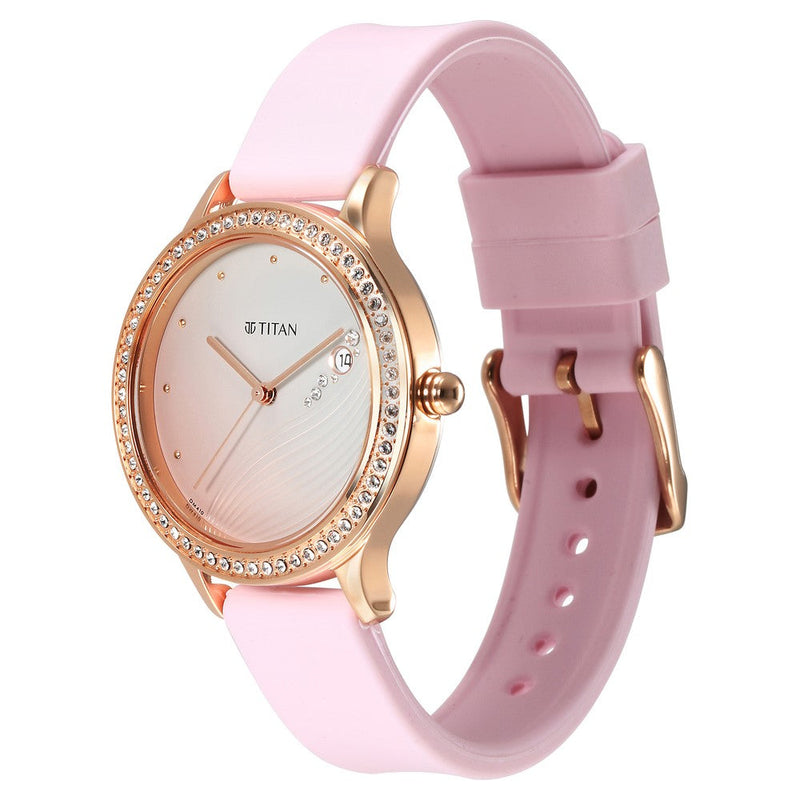 Titan Purple Glam It Up Pink Dial Analog with Date Silicone Strap Watch for Women