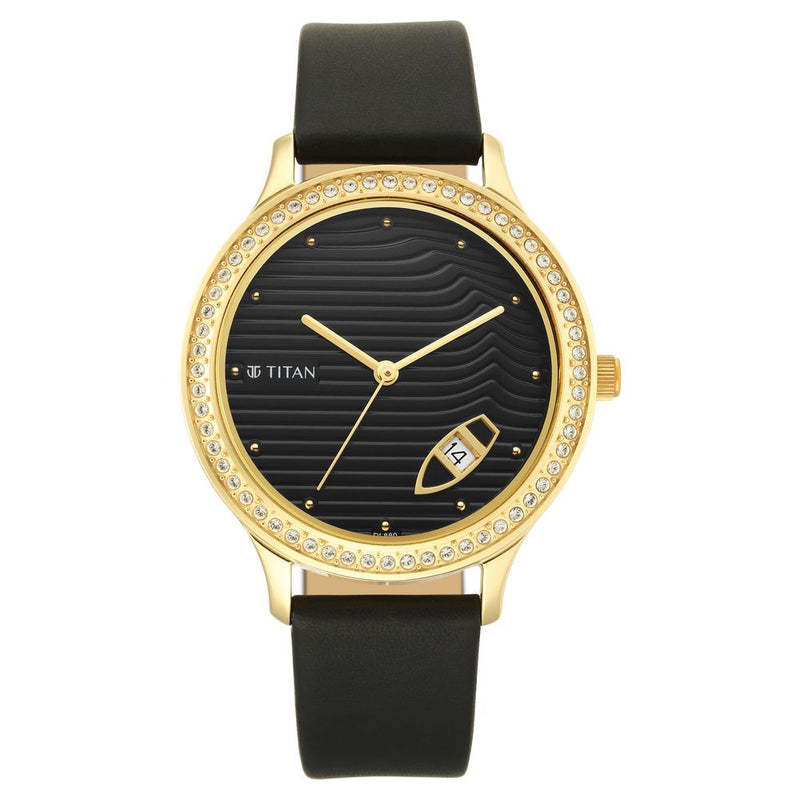 Titan Wander Black Dial Women Watch With Leather Strap