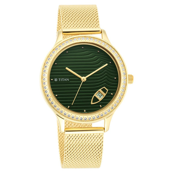 Titan Wander Green Dial Women Watch With Stainless Steel Strap