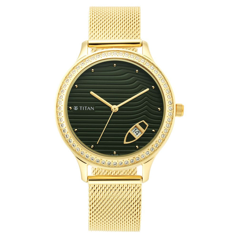 Titan Wander Green Dial Women Watch With Stainless Steel Strap