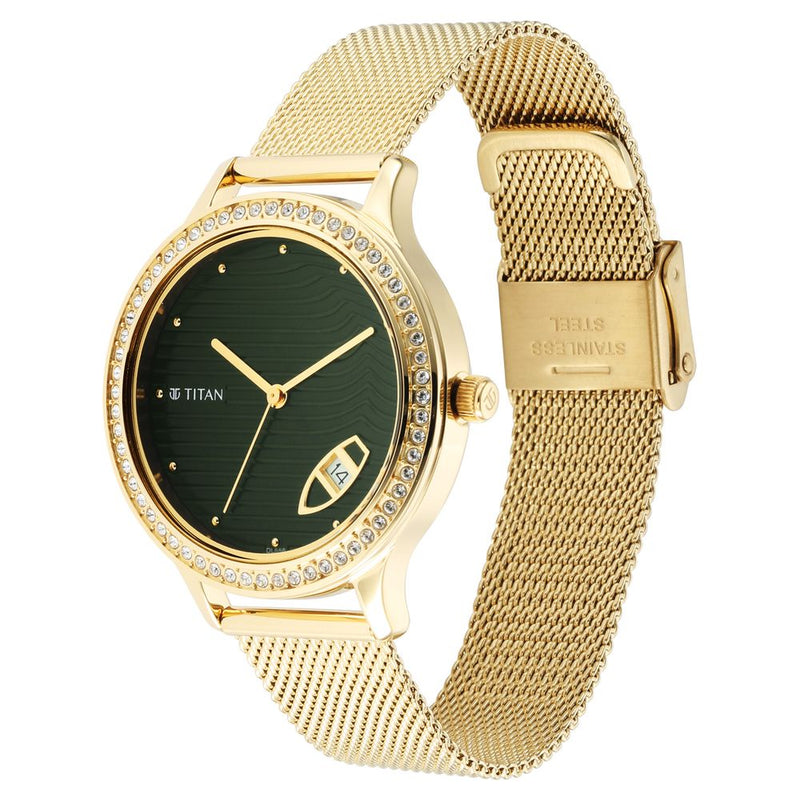 Titan Wander Green Dial Women Watch With Stainless Steel Strap