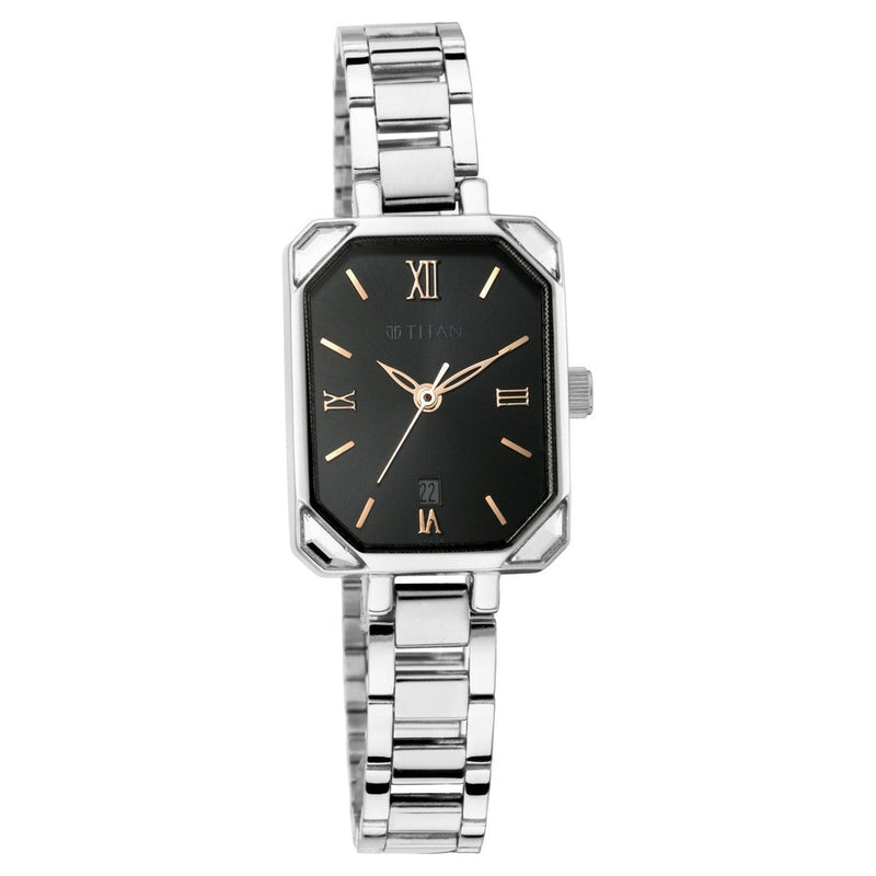 Titan Quartz Analog with Date Black Dial Metal Strap Watch for Women