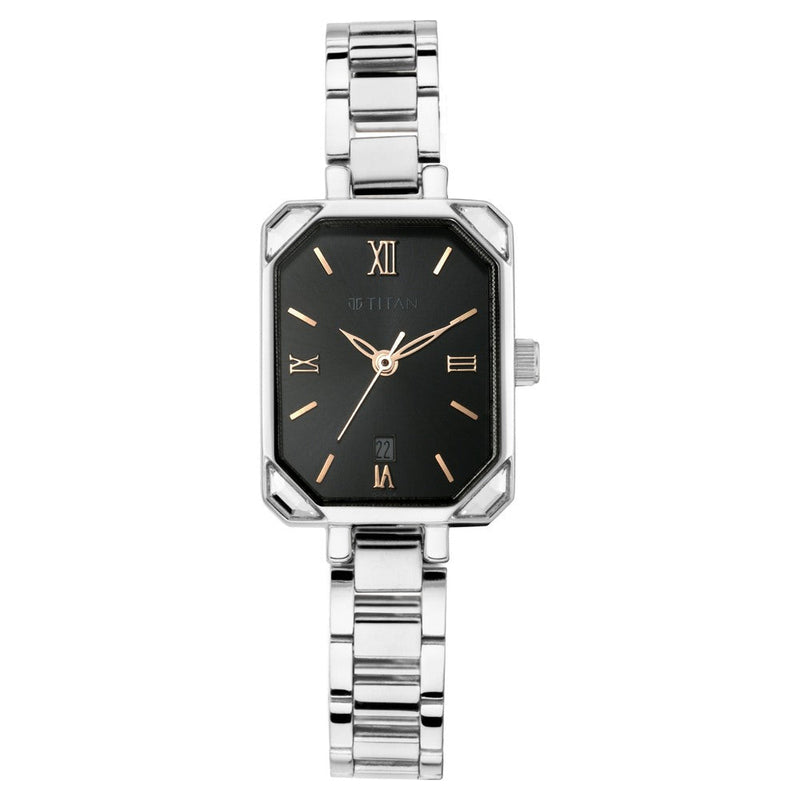 Titan Quartz Analog with Date Black Dial Metal Strap Watch for Women