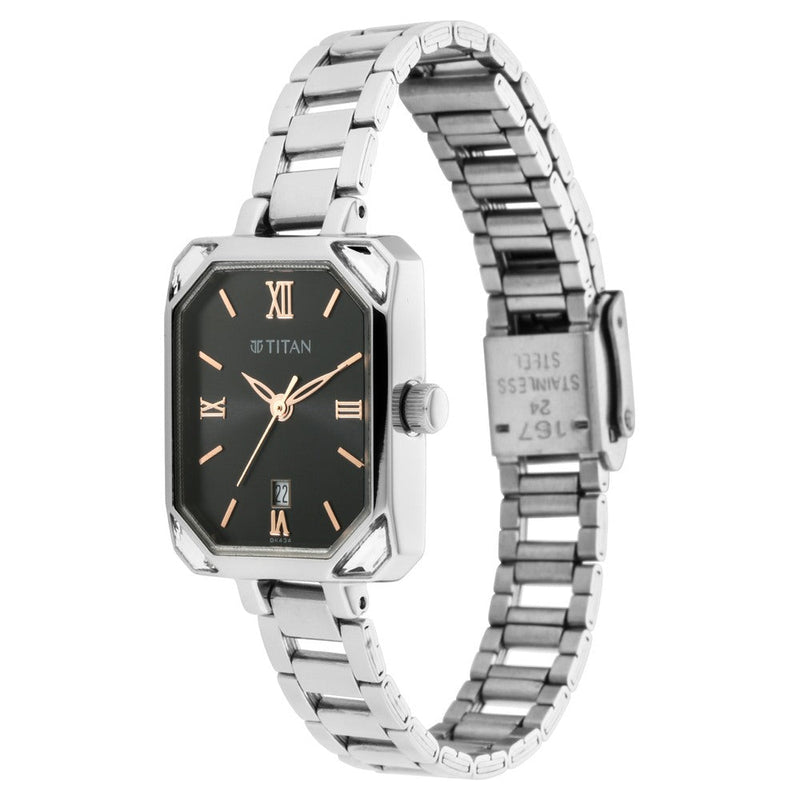 Titan Quartz Analog with Date Black Dial Metal Strap Watch for Women