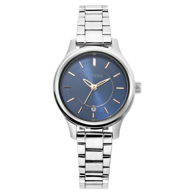 Titan Quartz Analog with Date Blue Dial Metal Strap Watch for Women