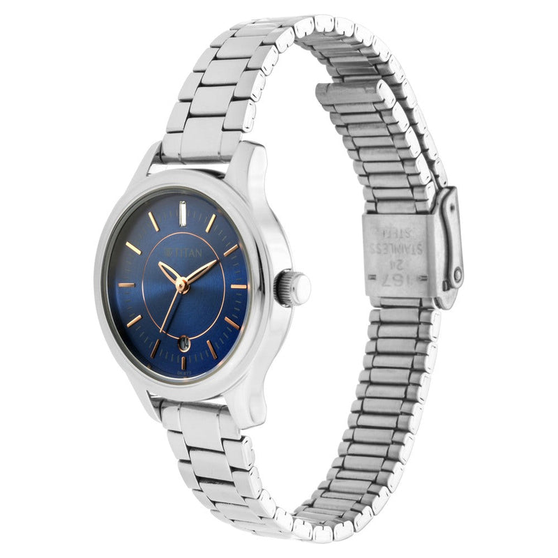 Titan Quartz Analog with Date Blue Dial Metal Strap Watch for Women