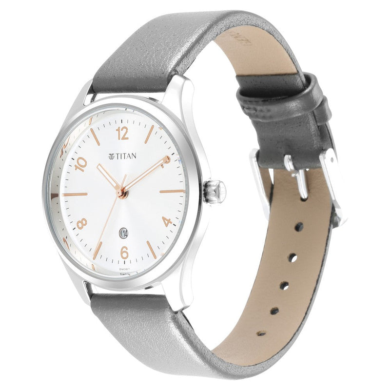 Titan Trendsetters Silver White Dial Analog Leather Strap Watch for Women