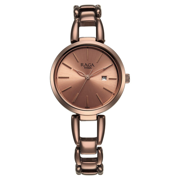 Titan Raga Viva Quartz Analog with Date Rose Gold Dial Brown Metal Strap Watch for Women