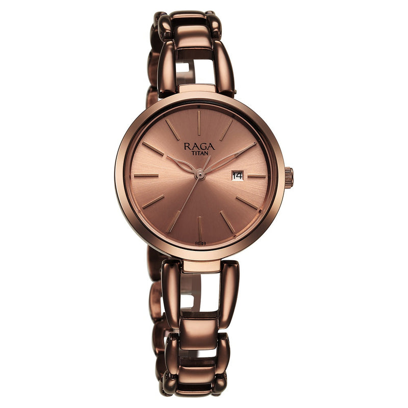 Titan Raga Viva Quartz Analog with Date Rose Gold Dial Brown Metal Strap Watch for Women