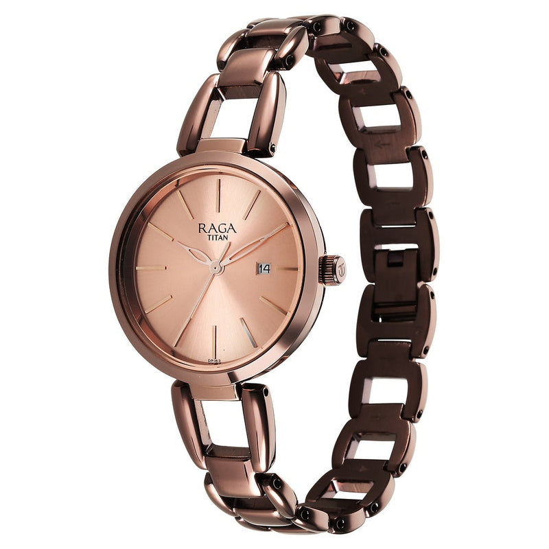 Titan Raga Viva Quartz Analog with Date Rose Gold Dial Brown Metal Strap Watch for Women