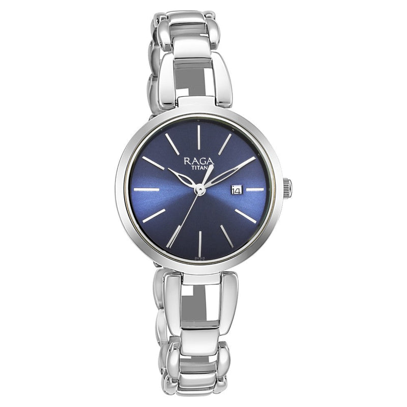 Titan Raga Viva Blue Dial Analog with Date Silver Metal Strap Watch for Women