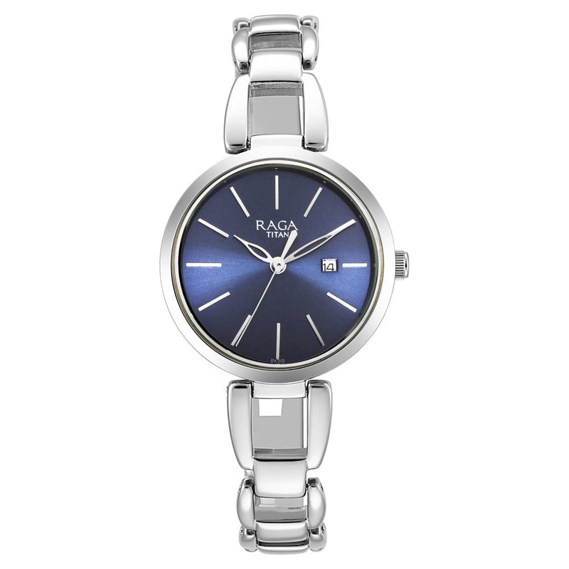 Titan Raga Viva Blue Dial Analog with Date Silver Metal Strap Watch for Women