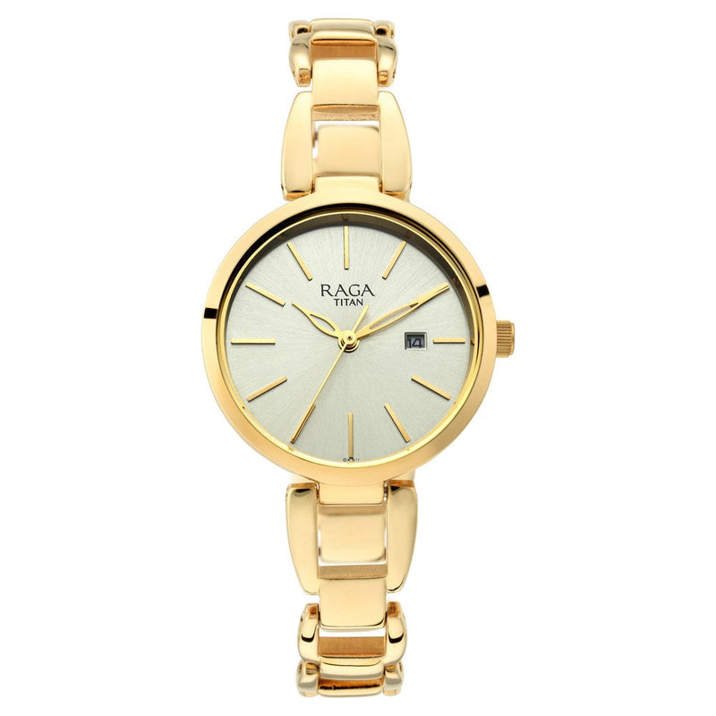 Titan Raga Viva Golden Dial Analog with Date Metal Strap Watch for Women