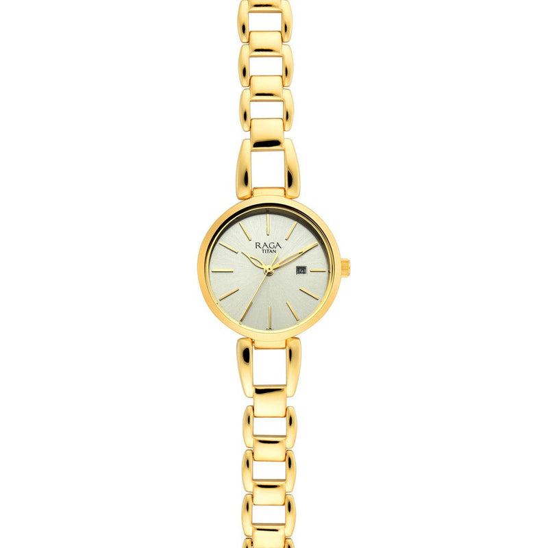 Titan Raga Viva Golden Dial Analog with Date Metal Strap Watch for Women