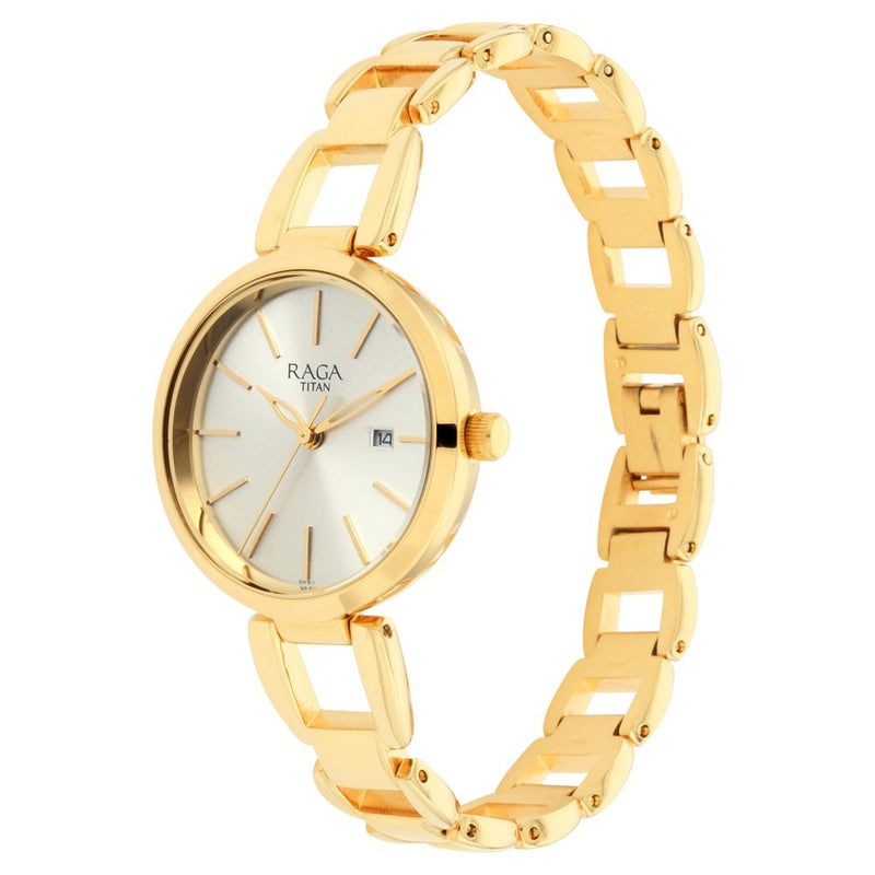 Titan Raga Viva Golden Dial Analog with Date Metal Strap Watch for Women