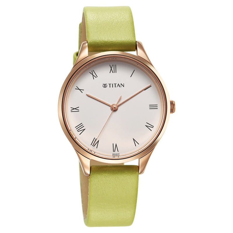 Titan Workwear White Dial Green Leather Strap watch for Women