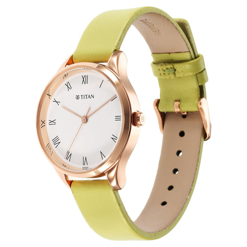 Titan Workwear White Dial Green Leather Strap watch for Women