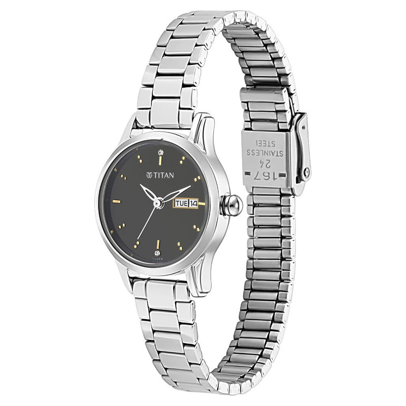 Titan Lagan Black Dial Analog with Day and Date Metal Strap Watch for Women