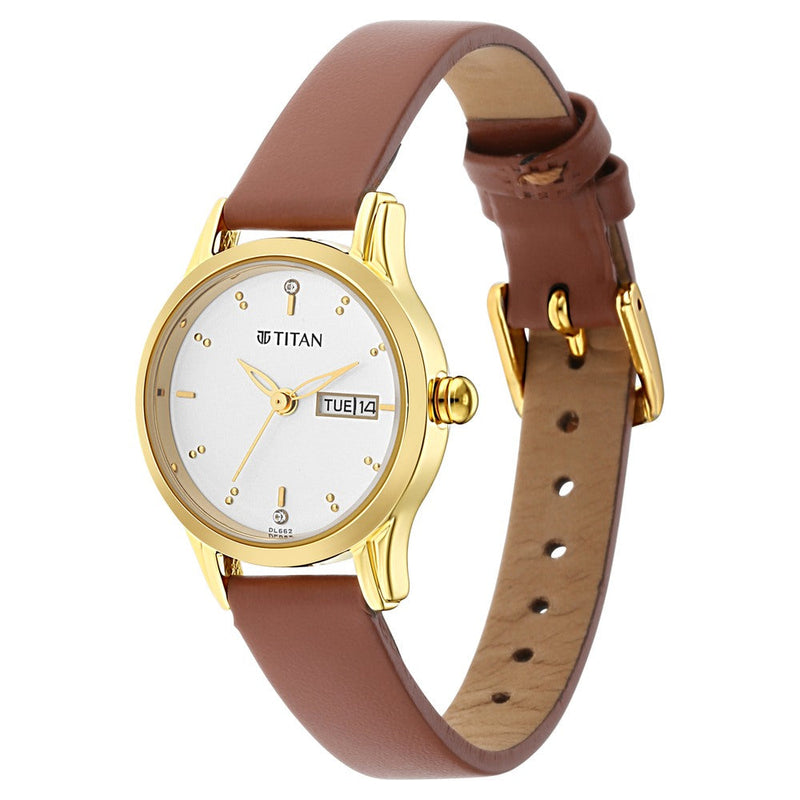 Titan Lagan White Dial Analog with Day and Date Leather Strap Watch for Women