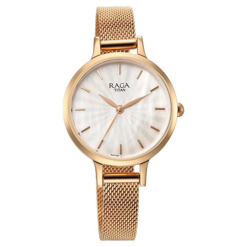 Titan Raga Power Pearls Quartz Analog Mother Of Pearl Dial Metal Strap Watch for Women