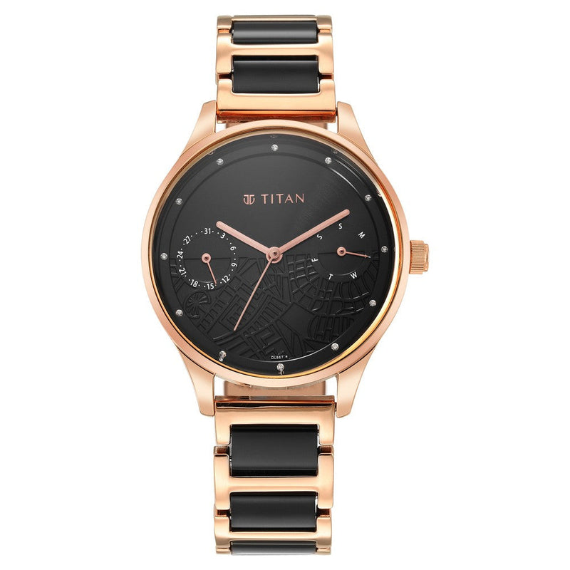 Titan Purple Acetate Black Dial Analog with Day and Date Metal and Acetate Strap Watch for Women